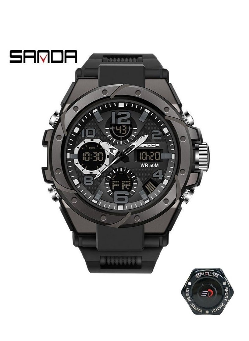 Sanda Watches for Men Quartz Water Resistant Sports Watch 52mm 6088 Black With Gift Box - Image 1