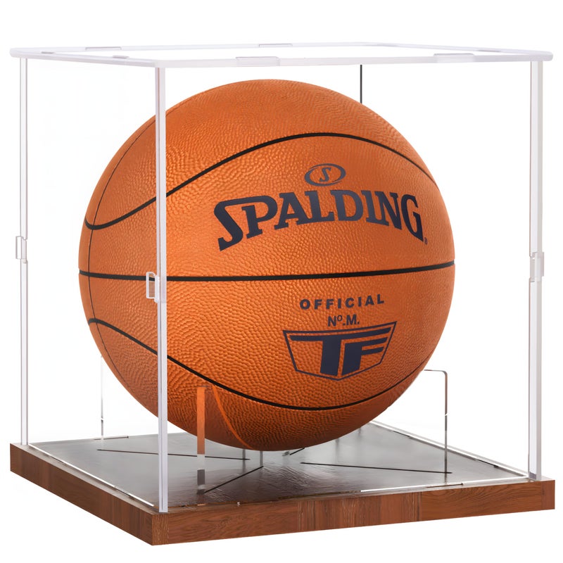 Fitense Basketball Display Case Acrylic Clear UV Protected Basketball Stand Box Full Size with Solid Wood Base Soccer Display for Autographed Standard NBA WNBA Ball Memorabilia Keepsake Ideal Gift