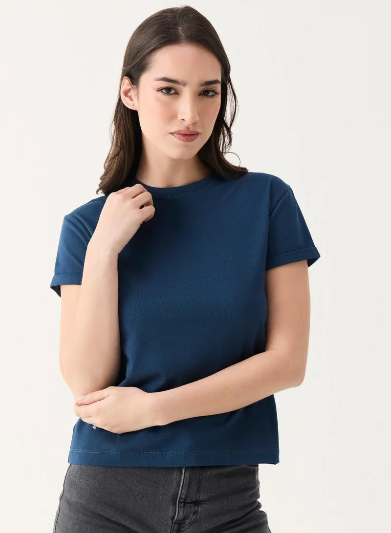 Zigzag Crew Neck Turnup Sleeve Blue T-shirt