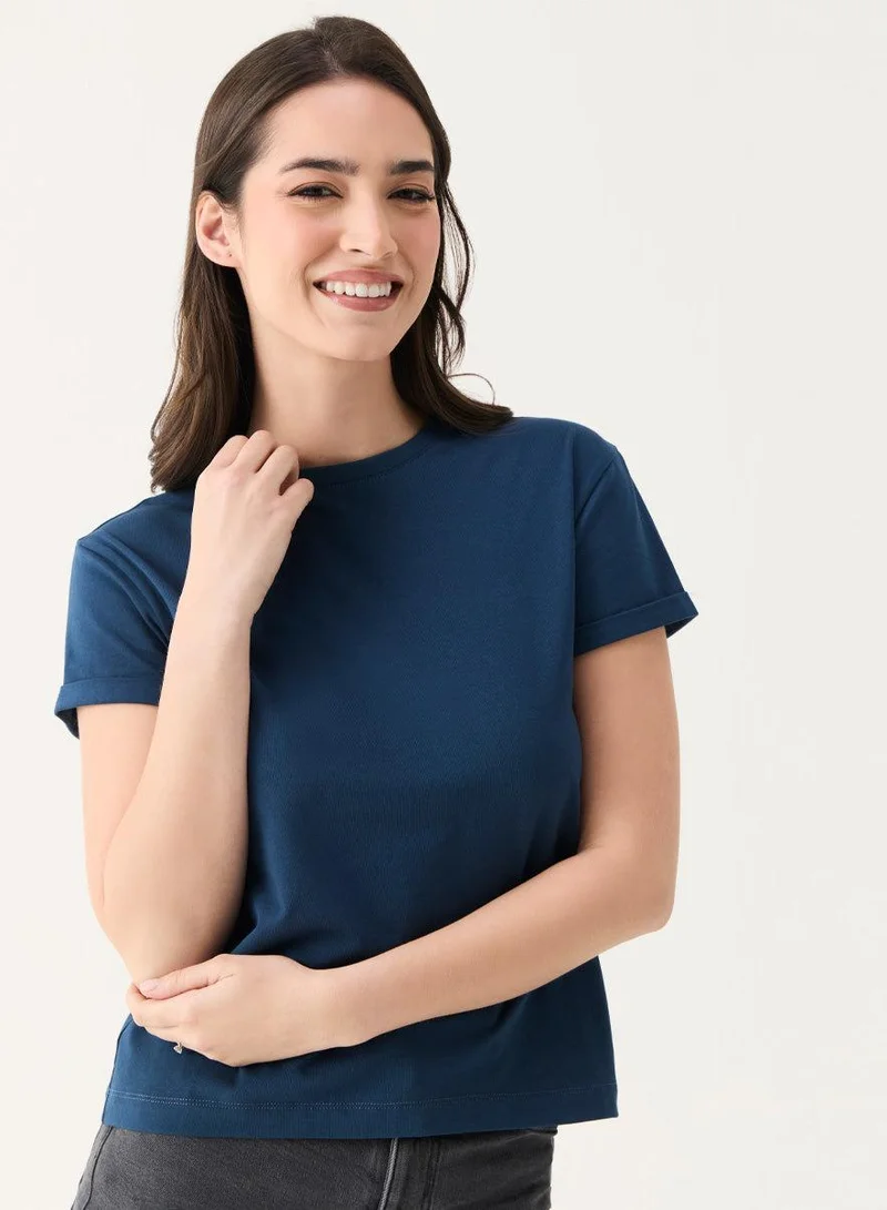 Zigzag Crew Neck Turnup Sleeve Blue T-shirt