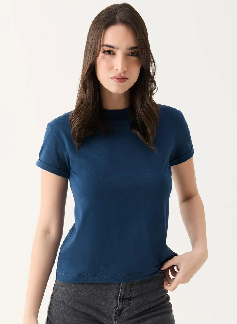 Zigzag  Crew Neck Turnup Sleeve Blue T-shirt for Women | Best Price UAE
