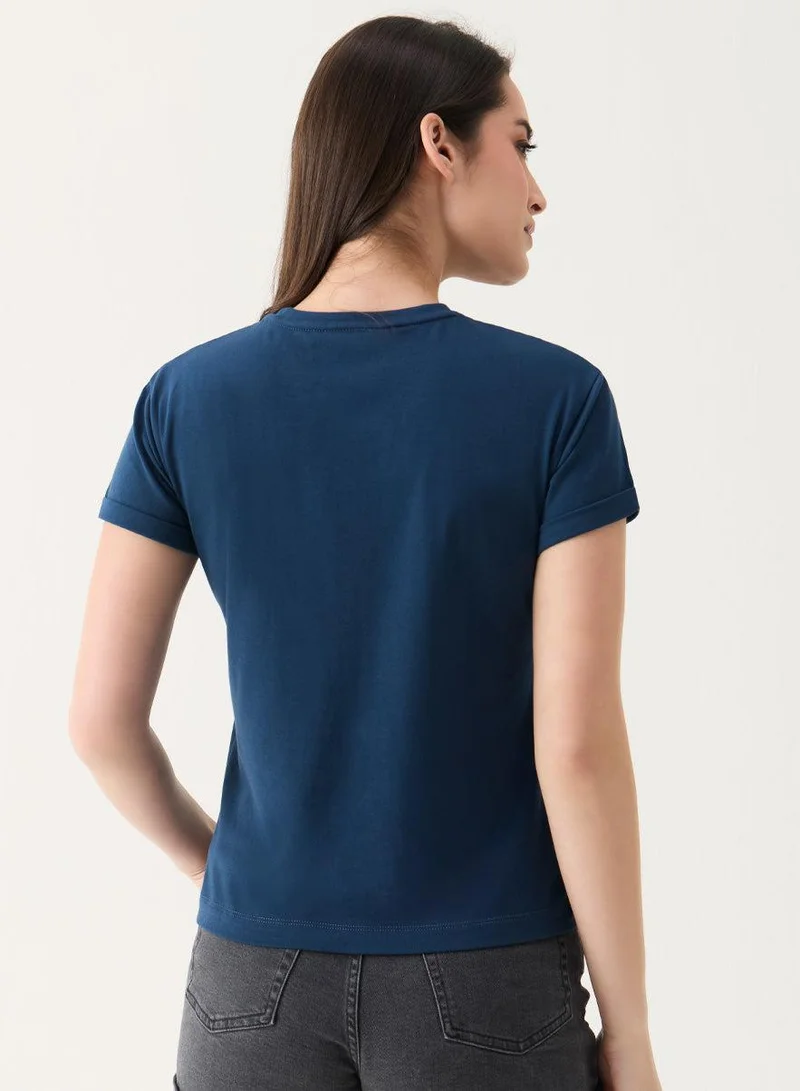 Zigzag  Crew Neck Turnup Sleeve Blue T-shirt for Women | Best Price UAE
