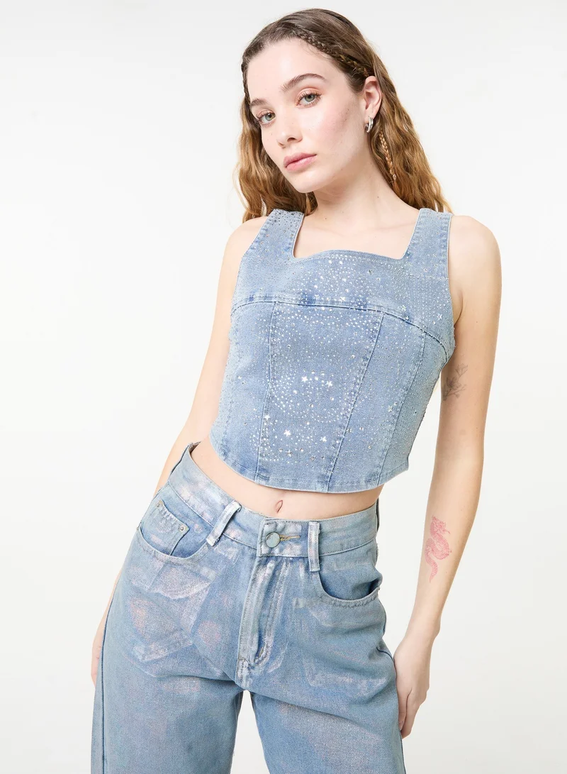 Pink Vanilla Diamante Denim Corset Top