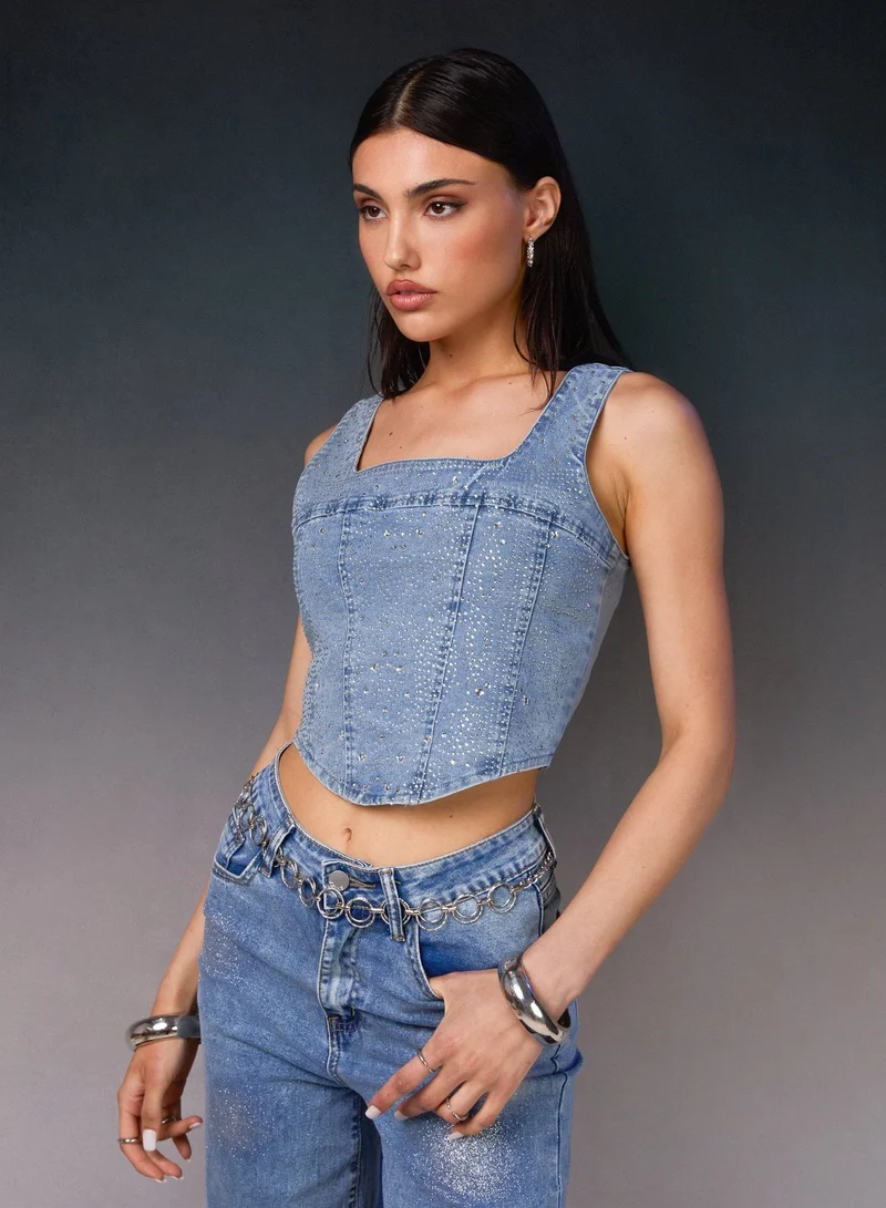 Pink Vanilla Diamante Denim Corset Top