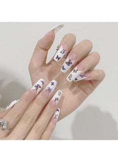 Butterfly Coffin Nails Set Of 24 Reusable Uv Treated Gel Finished Presson Nails With Matt Finish (Assorted On White)