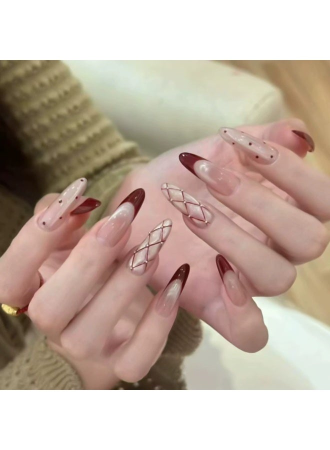 Goolsky Elegant Grid French Red Wine Cat Eye Press-on Nails - Image 1