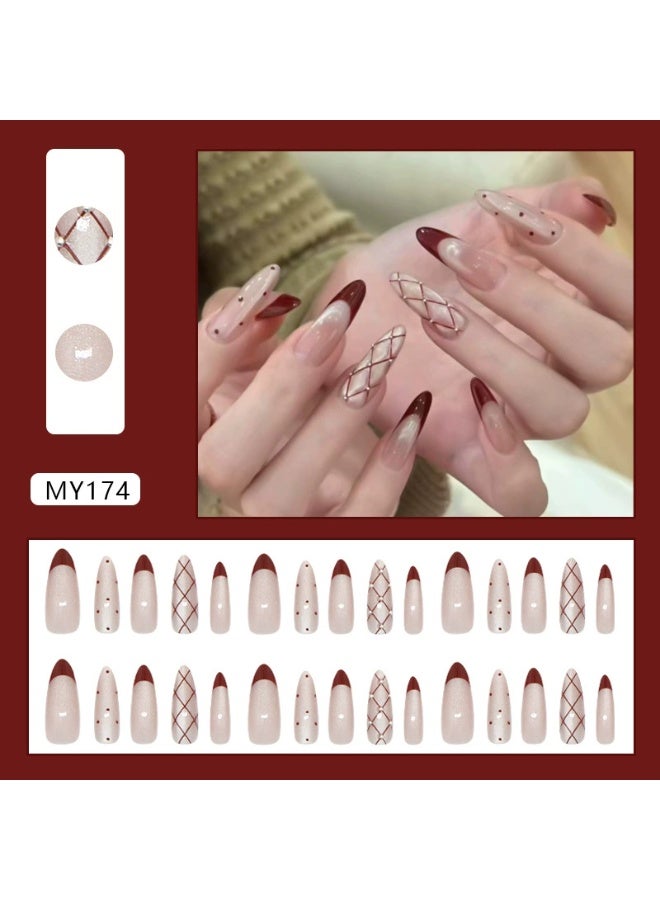 Goolsky Elegant Grid French Red Wine Cat Eye Press-on Nails - Image 2
