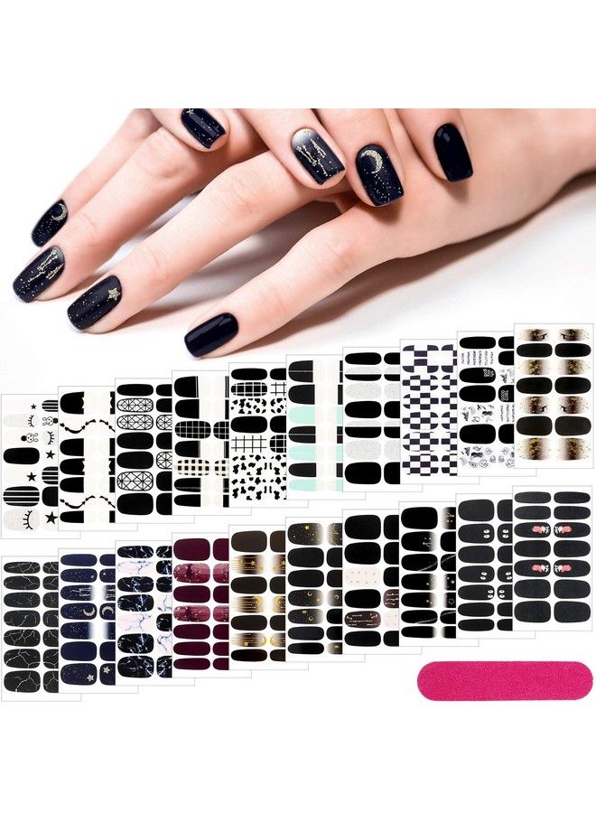 Maitys 20 Sheets 280 Pieces Black Nail Wraps Self Adhesive Full Cover Nail Decals Art Nail Polish Stickers False Nail Decals Manicure Stickers With 2 Pcs Nail Files For Girls Women (Chic Style) - Image 1