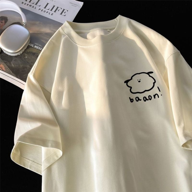 220g Cotton Heavy Ins Trendy T-shirt Summer New Style oversize Cute Simple Printed Men's and Women's Short Sleeves - Image 4
