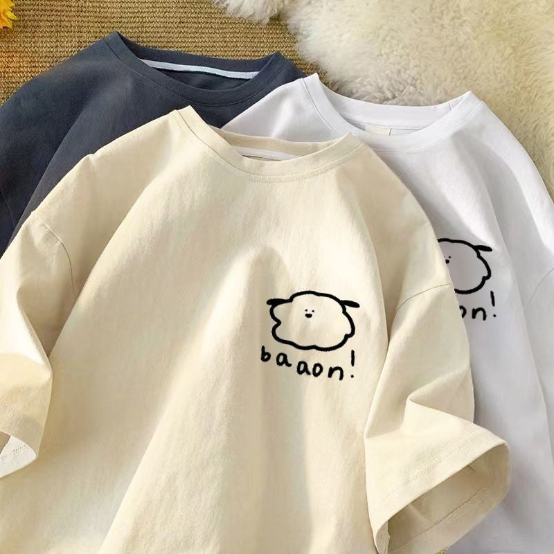 220g Cotton Heavy Ins Trendy T-shirt Summer New Style oversize Cute Simple Printed Men's and Women's Short Sleeves - Image 3