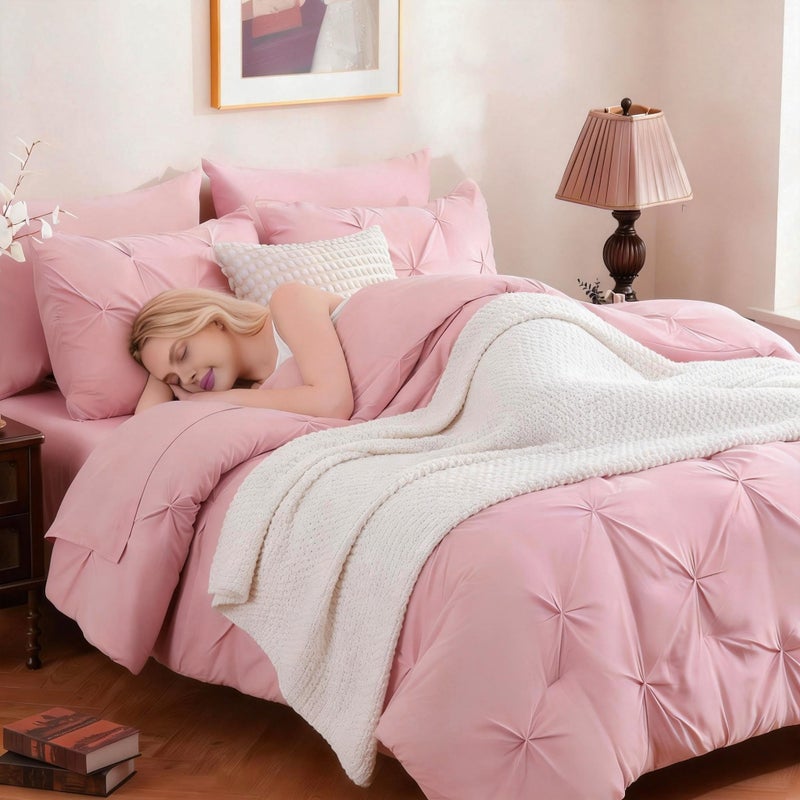 DOWNCOOL 7 Pieces Pink Queen Comforter Set, Pintuck Pinch Pleat Bed in a Bag, Soft Microfiber All Season Bedding Set for Bedroom with Sheets, Pillowcases & Shams - Image 2