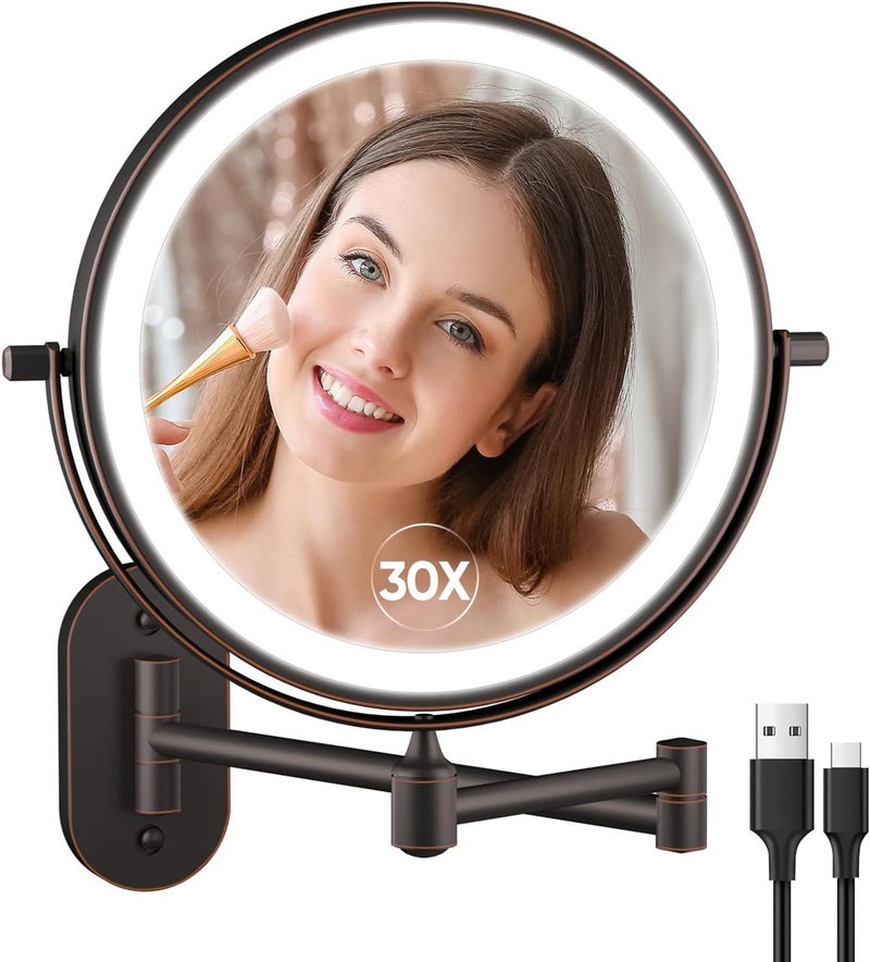 FUNTOUCH Rechargeable Wall Mounted Lighted Makeup Vanity Mirror, 8" Magnification Bathroom Mirror Double Sided 1X10X, 3 Color Lights, Extended Arm, Lighted Mirror with 360° Rotation - Image 1