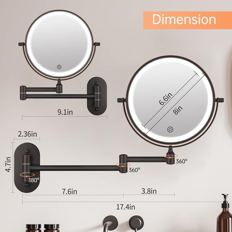 FUNTOUCH Rechargeable Wall Mounted Lighted Makeup Vanity Mirror, 8" Magnification Bathroom Mirror Double Sided 1X10X, 3 Color Lights, Extended Arm, Lighted Mirror with 360° Rotation - Image 5