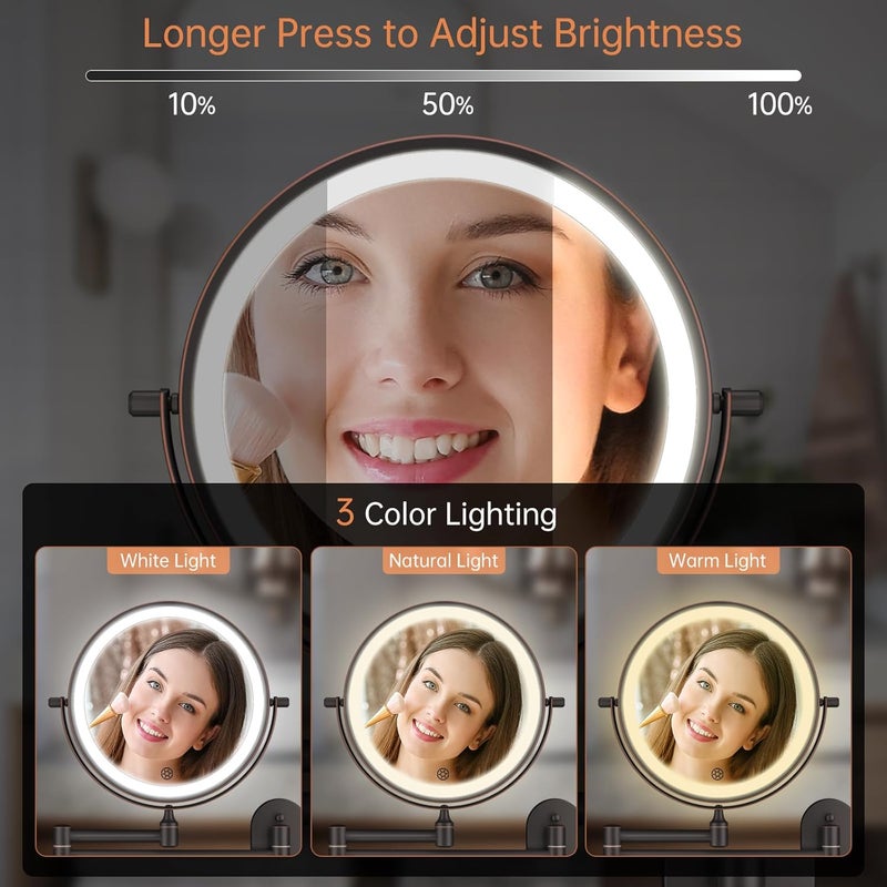 FUNTOUCH Rechargeable Wall Mounted Lighted Makeup Vanity Mirror, 8" Magnification Bathroom Mirror Double Sided 1X10X, 3 Color Lights, Extended Arm, Lighted Mirror with 360° Rotation - Image 4