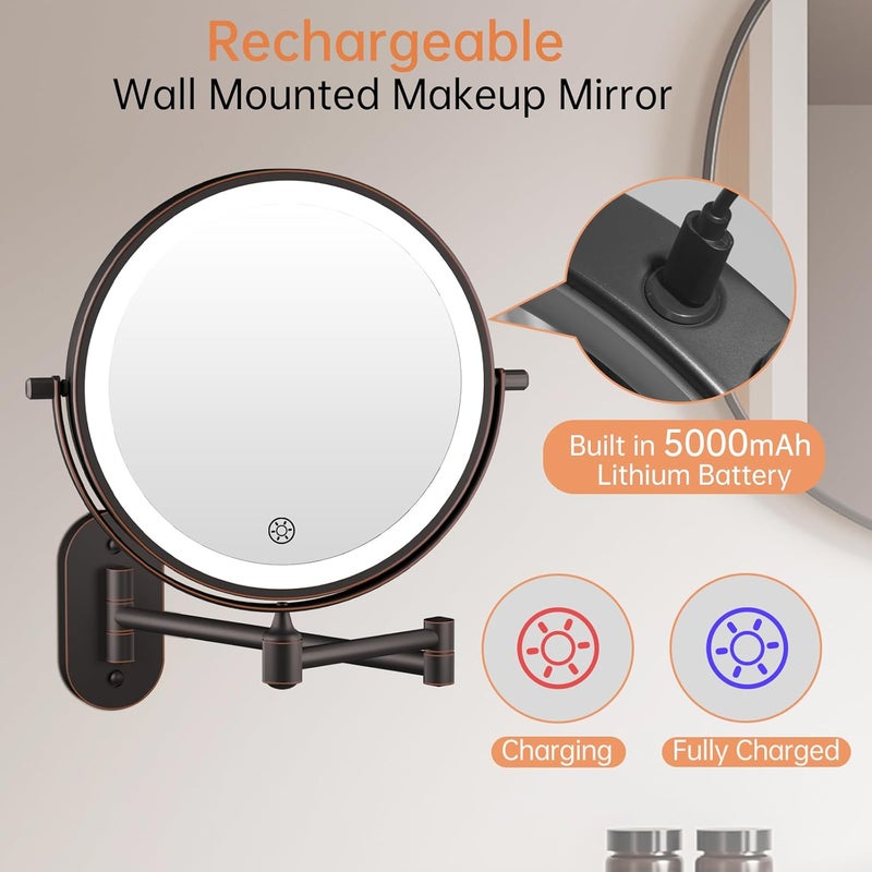 FUNTOUCH Rechargeable Wall Mounted Lighted Makeup Vanity Mirror, 8" Magnification Bathroom Mirror Double Sided 1X10X, 3 Color Lights, Extended Arm, Lighted Mirror with 360° Rotation - Image 2