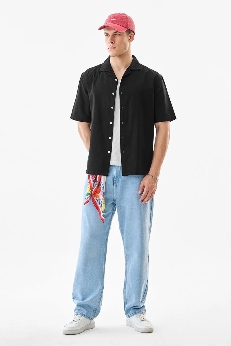 SNITCH Black Solid Half Sleeve Boxy Shirt