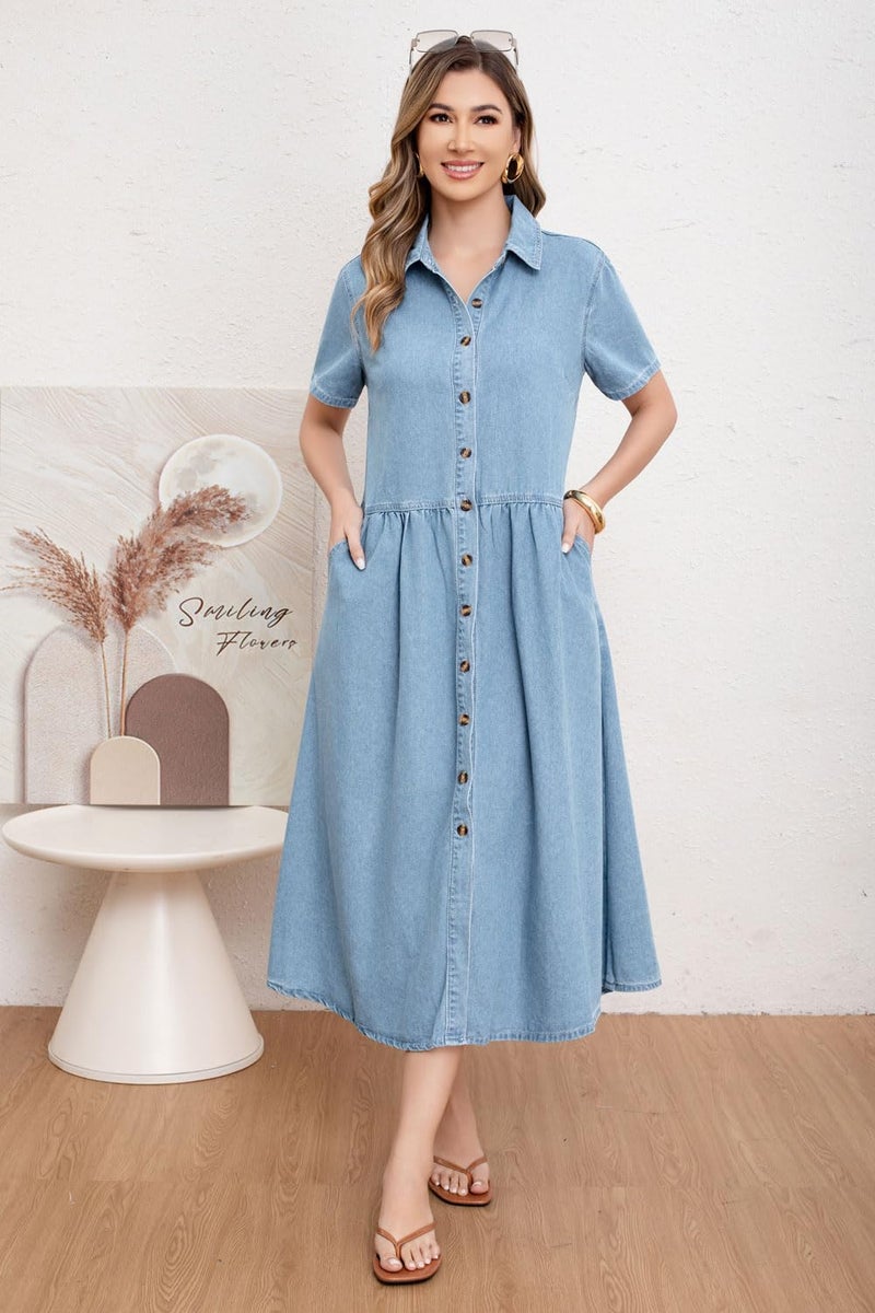 utcoco Womens Denim Dress Lapel Short Sleeve Frayed Hem Jean Dresses Oversized Button Down A Line Shirt Dress (Large, Blue) - Image 2