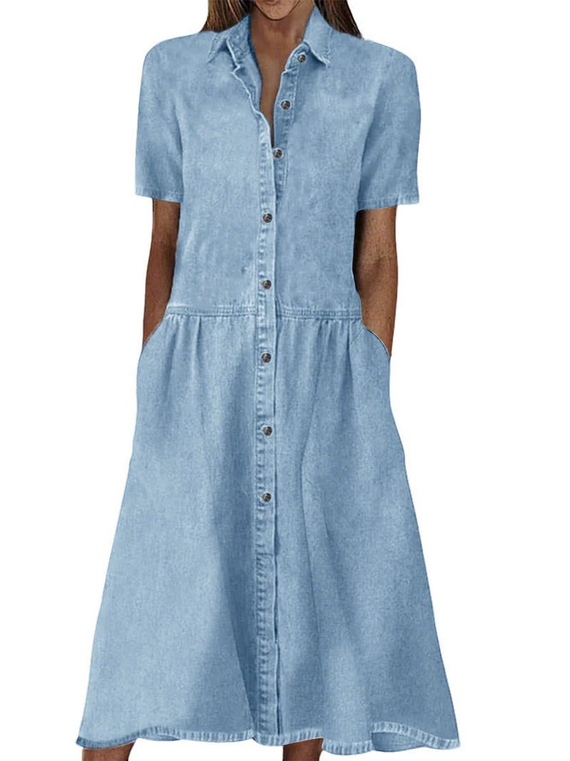 utcoco Womens Denim Dress Lapel Short Sleeve Frayed Hem Jean Dresses Oversized Button Down A Line Shirt Dress (Large, Blue) - Image 1