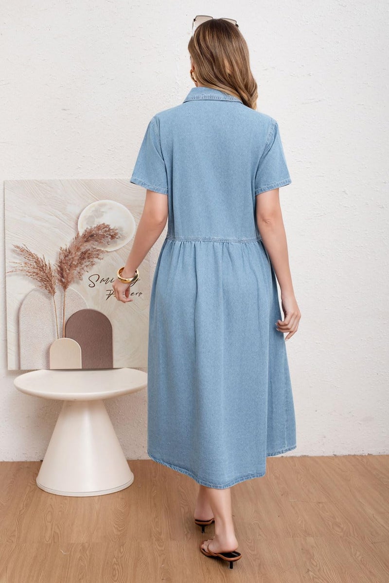 utcoco Womens Denim Dress Lapel Short Sleeve Frayed Hem Jean Dresses Oversized Button Down A Line Shirt Dress (Large, Blue) - Image 5