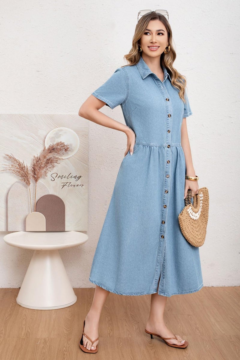 utcoco Womens Denim Dress Lapel Short Sleeve Frayed Hem Jean Dresses Oversized Button Down A Line Shirt Dress (Large, Blue) - Image 3