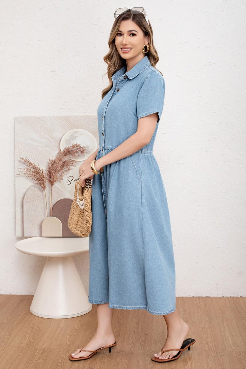 utcoco Womens Denim Dress Lapel Short Sleeve Frayed Hem Jean Dresses Oversized Button Down A Line Shirt Dress (Large, Blue) - Image 4