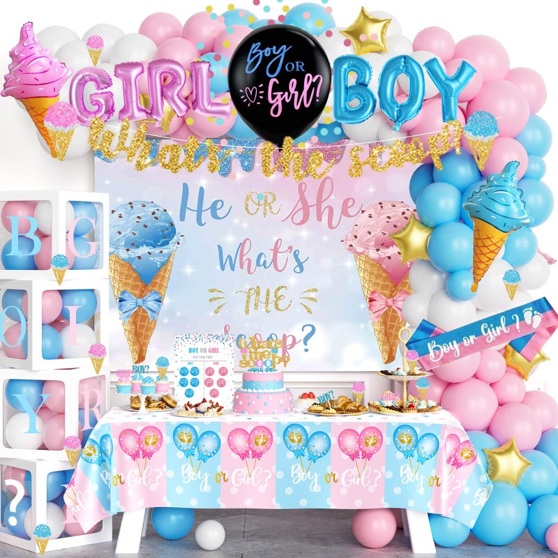 Hombae 172 PCs Whats The Scoop Gender Reveal Decorations, Hombae Boy or Girl Gender Reveal Decorations Backdrop Balloon Garland Banner Tablecloth Cake Cupcake Topper Box Cutout Poster Sash Ice Cream - Image 1