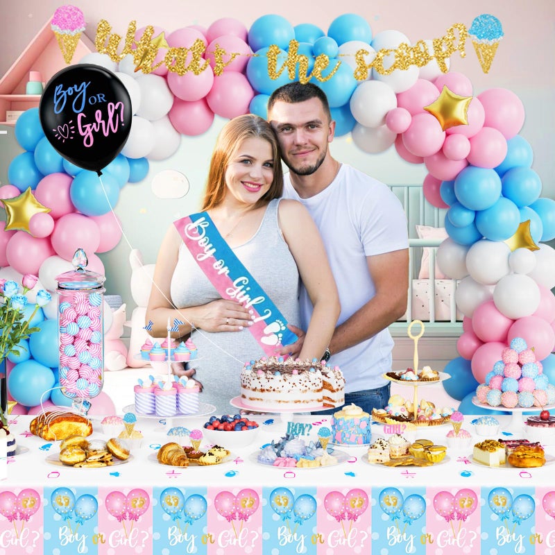 Hombae 172 PCs Whats The Scoop Gender Reveal Decorations, Hombae Boy or Girl Gender Reveal Decorations Backdrop Balloon Garland Banner Tablecloth Cake Cupcake Topper Box Cutout Poster Sash Ice Cream - Image 5