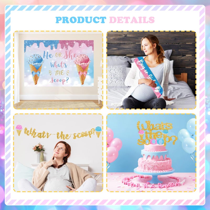 Hombae 172 PCs Whats The Scoop Gender Reveal Decorations, Hombae Boy or Girl Gender Reveal Decorations Backdrop Balloon Garland Banner Tablecloth Cake Cupcake Topper Box Cutout Poster Sash Ice Cream - Image 4