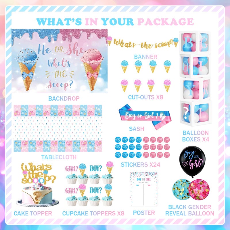 Hombae 172 PCs Whats The Scoop Gender Reveal Decorations, Hombae Boy or Girl Gender Reveal Decorations Backdrop Balloon Garland Banner Tablecloth Cake Cupcake Topper Box Cutout Poster Sash Ice Cream - Image 2