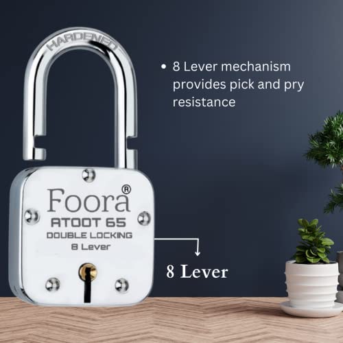Foora Lock and Keys Door Lock for Home atoot 65mm Padlock with 5 Keys and Key Chain Double Locking 8 Lever gate, Shop Shutter Aligarh Locks - Image 5