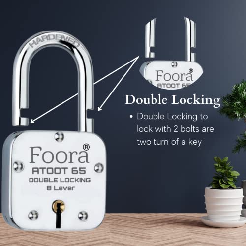 Foora Lock and Keys Door Lock for Home atoot 65mm Padlock with 5 Keys and Key Chain Double Locking 8 Lever gate, Shop Shutter Aligarh Locks - Image 4
