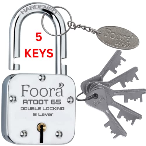 Foora Lock and Keys Door Lock for Home atoot 65mm Padlock with 5 Keys and Key Chain Double Locking 8 Lever gate, Shop Shutter Aligarh Locks - Image 1
