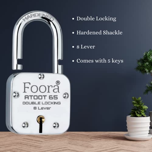 Foora Lock and Keys Door Lock for Home atoot 65mm Padlock with 5 Keys and Key Chain Double Locking 8 Lever gate, Shop Shutter Aligarh Locks - Image 2