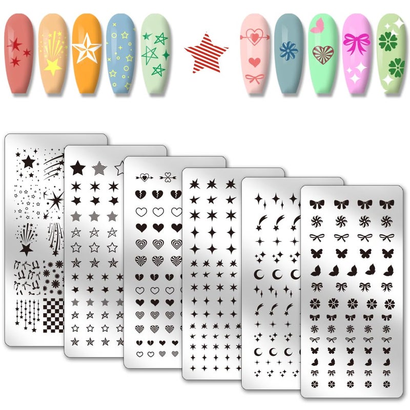 PH PandaHall 6pcs Stars Moon Pattern Nail Stamp Plate Heart Print Art Template Stainless Steel Nail Image Plate Butterfly Pattern Nails Art Stencils for Women DIY Printing 4.7x2.3 inch - Image 1