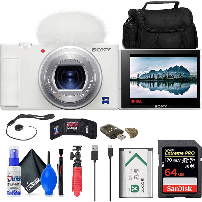 Sony ZV-1 Digital Camera (White) (DCZV1/W) + 64GB Memory Card + Case + Card Reader + Flex Tripod + Memory Wallet + Cap Keeper + Cleaning Kit (Renewed) | For Travel & Everyday Photography | Includes 64GB Card + Tripod + Case + Cleaning Kit + Card Reader + Memory Wallet + More - Image 1
