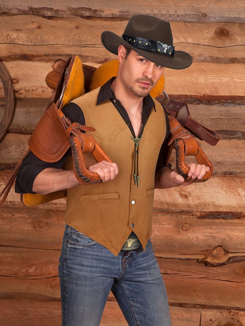 Cutecrop 4 Pcs Western Cowboy Outfits for Men Suede Leather Vest Hat Bolo Tie Belt for Western Halloween Cosplay(X-Large,Brown) - Image 2