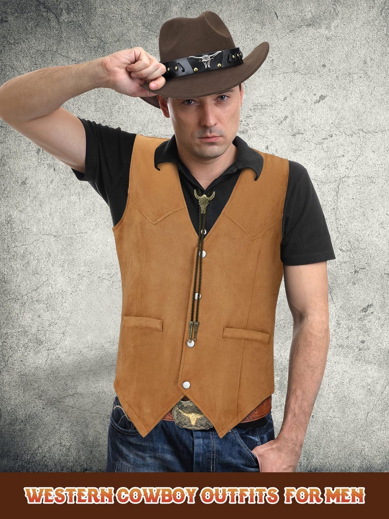 Cutecrop 4 Pcs Western Cowboy Outfits for Men Suede Leather Vest Hat Bolo Tie Belt for Western Halloween Cosplay(X-Large,Brown) - Image 4