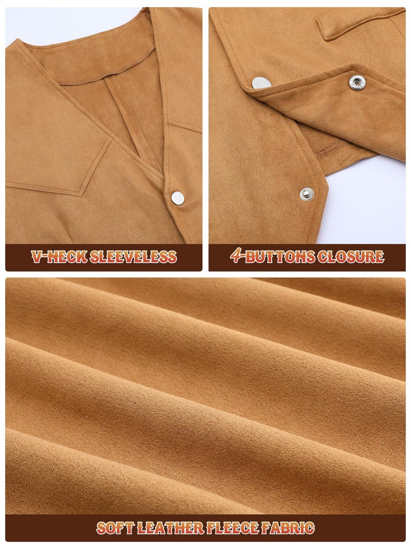 Cutecrop 4 Pcs Western Cowboy Outfits for Men Suede Leather Vest Hat Bolo Tie Belt for Western Halloween Cosplay(X-Large,Brown) - Image 5