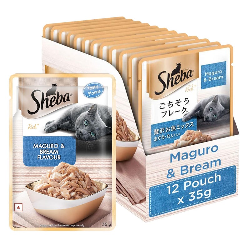 Sheba طعام القطط الرطب الفاخر من شيبا للبالغين (1+ سنة)، بنكهة الماغورو والبريم، 35 جرام كيس (عبوة من 12) - Image 1