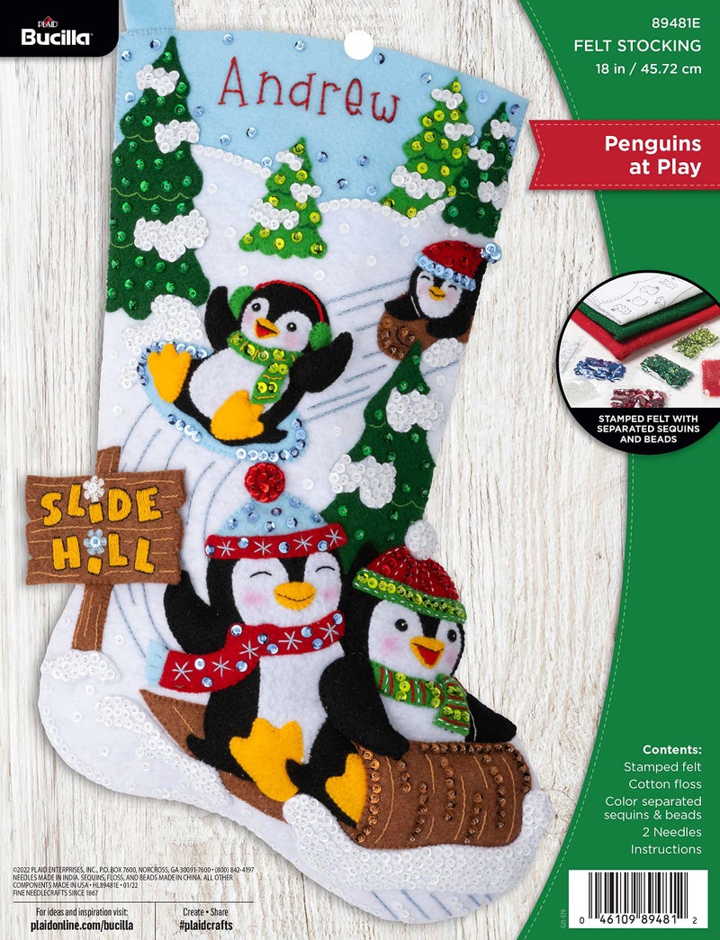 Bucilla Bucilla Felt Applique Stocking Kit Penguins at Play 18 Felt Applique Stocking Making Kit Perfect for DIY Needlepoint Arts and Crafts 89481E  White 