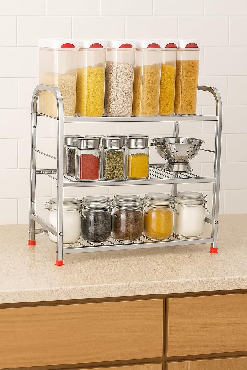 Namani 3-Tier Stainless Steel Foldable Storage Rack Bartan Stand with Pipe Frame | Heavy Duty, Rustproof & Space-Saving Organizer for Kitchen, Home & Office | Easy Assembly (Silver) - Image 2
