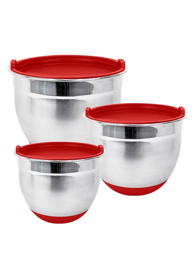 Fitzroy and Fox Stainless Steel Mixing Bowls with Lids and Non Slip Bases (Set of 3, Red) - Image 1