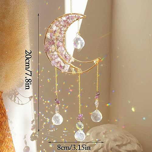 ilclviz Crystal Moon Suncacher-Sun Catchers Indoor Window Prism Moon Crystal Dream Catcher Natural Healing Stones Rainbow Maker Garden Car Decoration Outdoor (Amethys) - Image 4