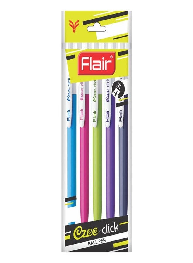 Flair Ezee Click Ball Pen Pouch Pack | 0.7 to 1 mm Tip Size | Retractable Mechanism With Comfortable Grip For Smooth Writing | Different Playful Body Colors | Blue Ink, Set Of 5 Pens x Pack Of 5 - Image 2