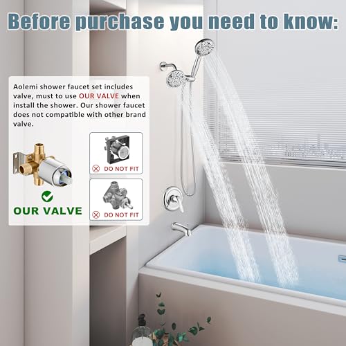 Aolemi Shower Faucet Set with Tub Spout Rain Shower Head System Shower Trim Kit Pressure Roughin Valve Included ABS 8 Setting Dual Shower Head and Handheld Spray Polish Chrome - Image 3