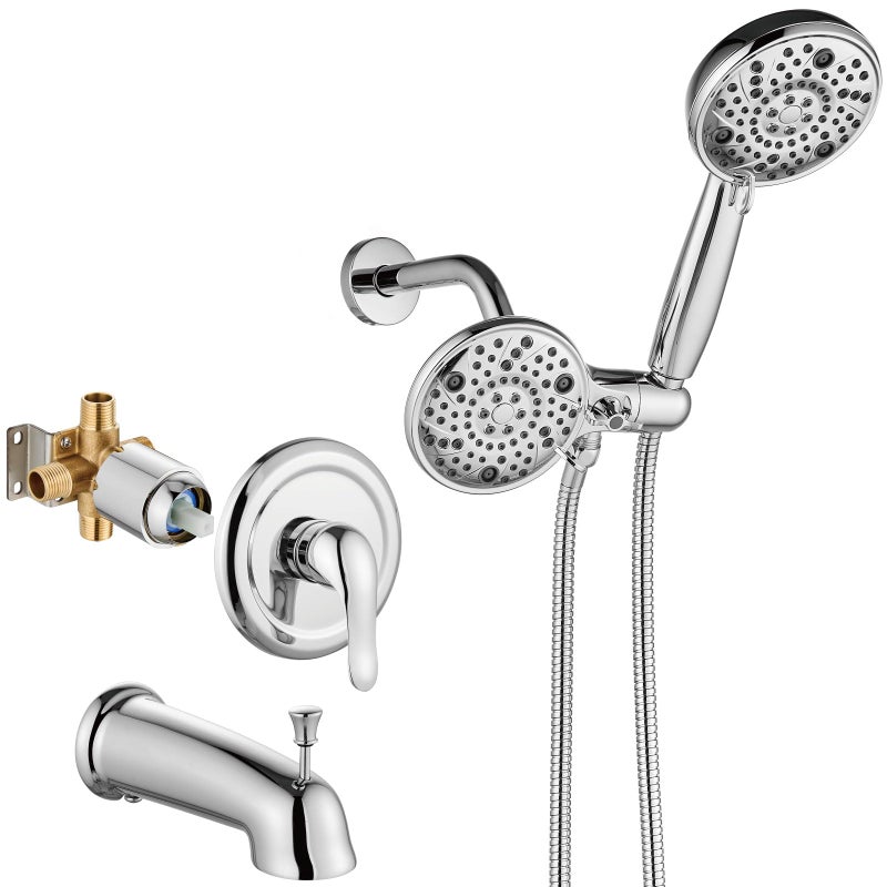 Aolemi Shower Faucet Set with Tub Spout Rain Shower Head System Shower Trim Kit Pressure Roughin Valve Included ABS 8 Setting Dual Shower Head and Handheld Spray Polish Chrome - Image 2