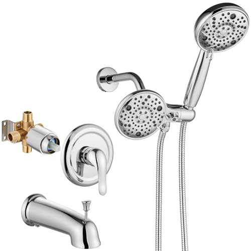 Aolemi Shower Faucet Set with Tub Spout Rain Shower Head System Shower Trim Kit Pressure Roughin Valve Included ABS 8 Setting Dual Shower Head and Handheld Spray Polish Chrome - Image 1