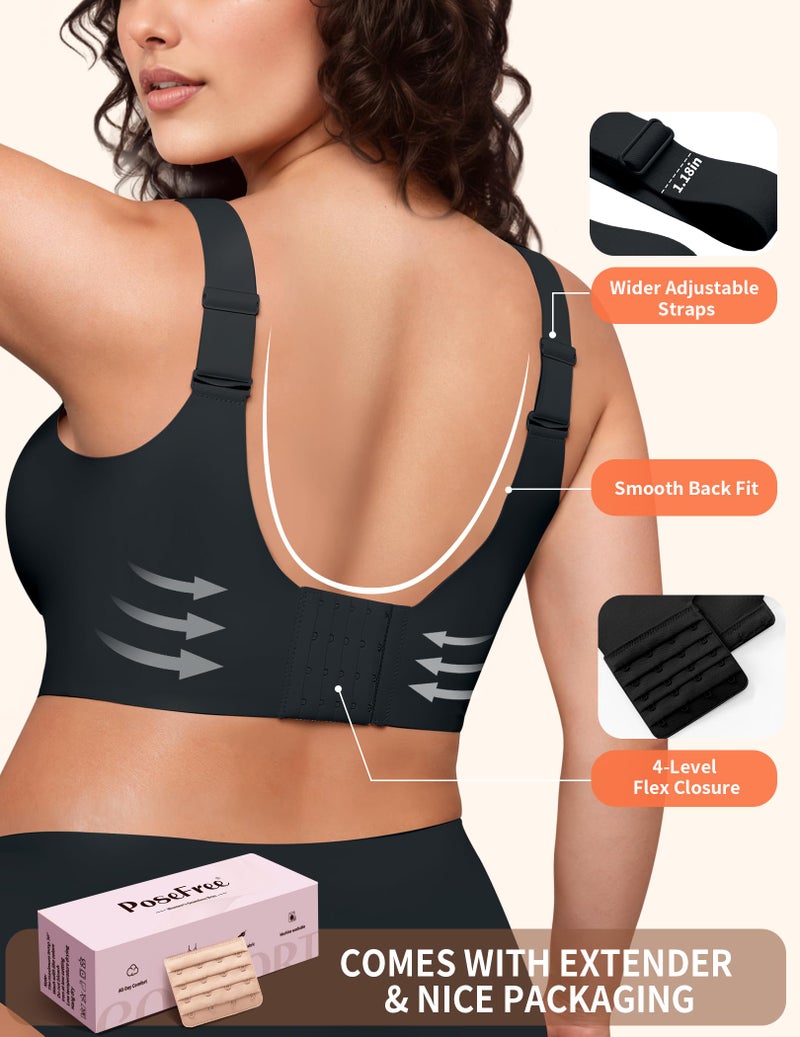 PoseFree Womens Bras No Underwire Full Support Back Fat Smoothing Bralette Wireless Push Up Plus Size Sports Bra (Black,M) - Image 3