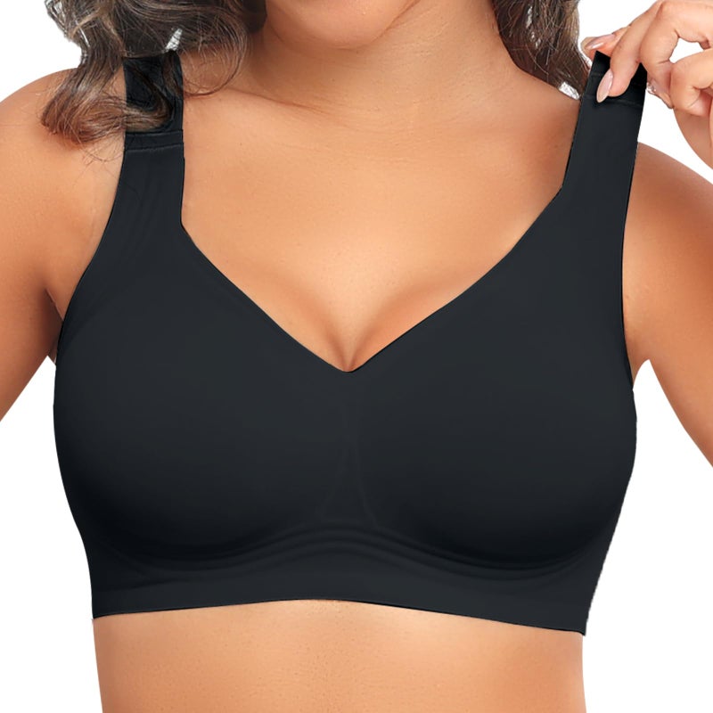 PoseFree Womens Bras No Underwire Full Support Back Fat Smoothing Bralette Wireless Push Up Plus Size Sports Bra (Black,M) - Image 1