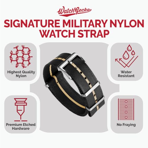 WatchGecko Swiss Quality Signature Military Nylon Watch Strap Nylon Mens Replacement Watch Band Rugged QuickDrying and Secure Wristwatch Strap for Outdoor Activities Black Beige 20 mm - Image 3